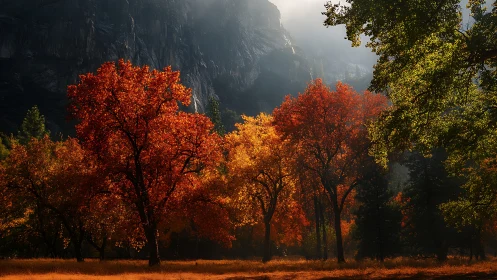 Autumn forest trees in vivid light beneath rocky cliffs.