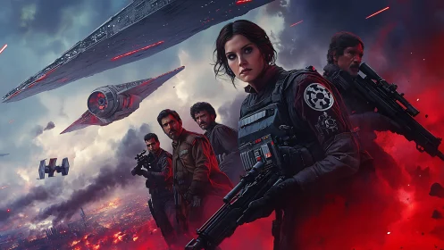 Battle-ready sci fi squad under star destroyers in flames.