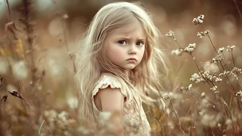 Young Girl in Wildflower Field: A Moment of Wonder.