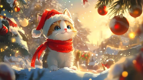Festive kitten portrait in glowing winter snowfall lighting.