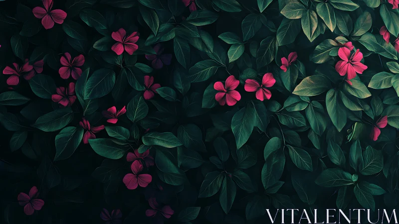 Pink flowers bloom densely among dark green foliage