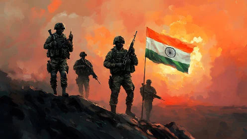 Sunlit Indian soldiers stand proud beneath a glowing sky