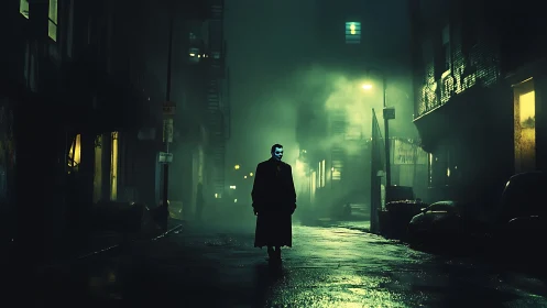 Masked figure stalks neon fog alley under sodium lights.