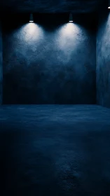 Empty blue concrete room under cold spot lighting.