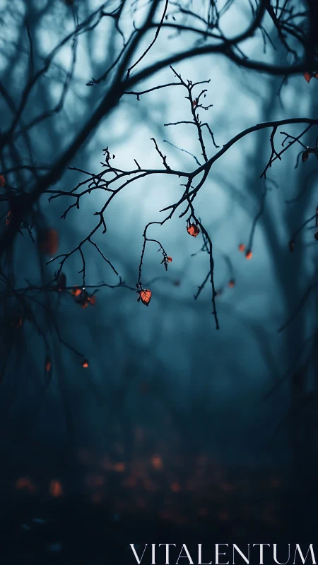 Backlit autumn leaves isolate against fogged, shallow-focus forest