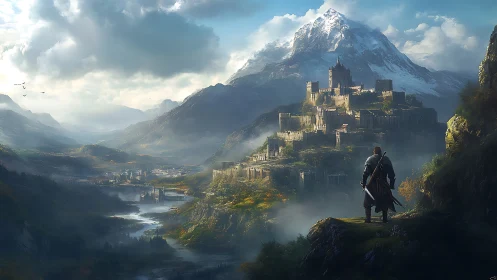 Lone warrior overlooking vast mountain fortress kingdom.