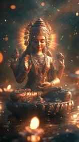 Golden river goddess in emberlit twilight meditation.