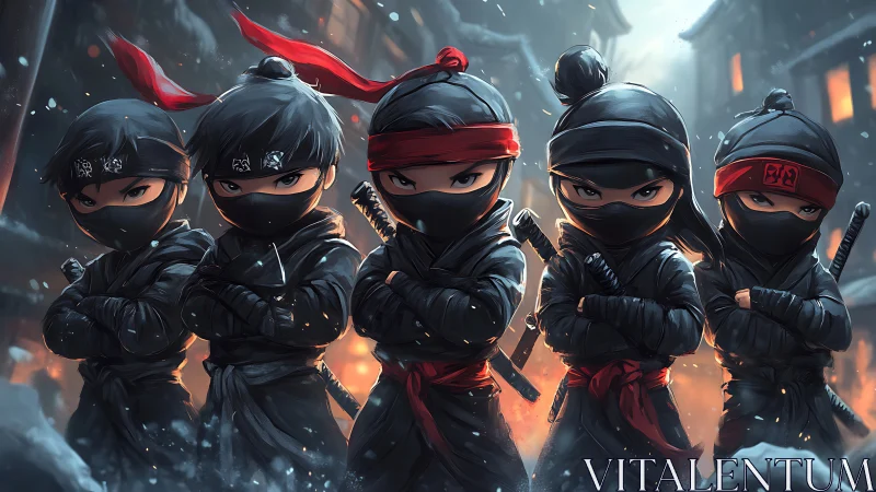 Chibi ninja squad in cinematic winter alleyway standoff.