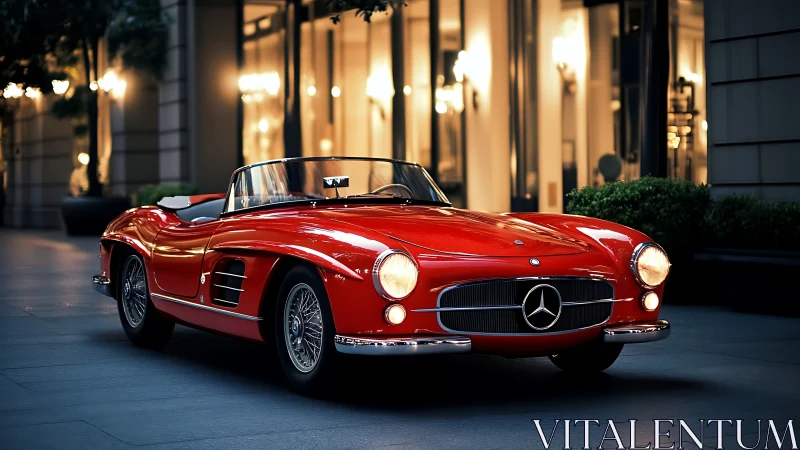 Evening city lights embrace a gleaming red classic roadster
