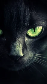 Black Cat's Luminescent Green Eyes Pierce Through Darkness.