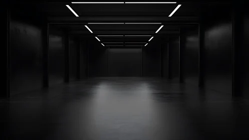 Ceiling lights carve precise white paths through endless black