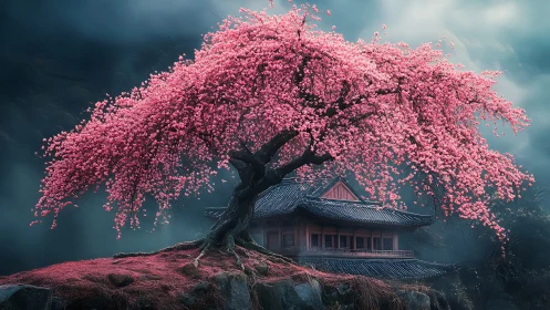 Pink blossoming tree above traditional wooden house at dusk.
