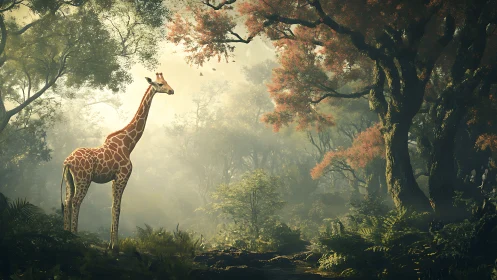 Giraffe standing in misty sunlit forest with autumn canopy.