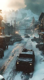 Armored convoy advances through narrow snowbound mountain village street