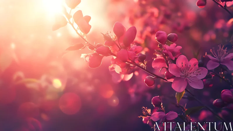 Pink Blossoms Backlit by Golden Hour Sunlight.