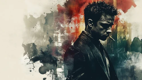 Brooding urban silhouette wrapped in wild painted color storms.