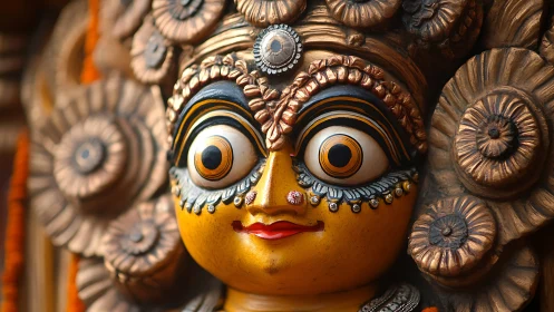 Joyful golden deity face with bright storytelling eyes.