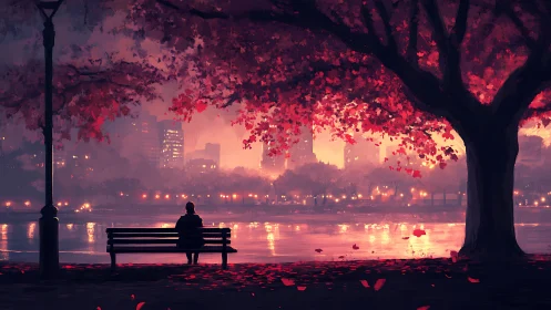Solitary figure on park bench under luminous crimson canopy