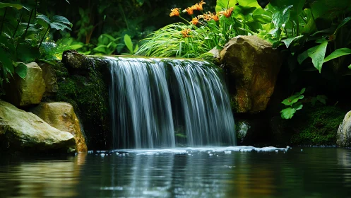 Lush garden waterfall with mossy rocks and orange blooms.