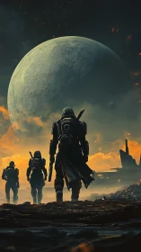 Brave space explorers walking toward a vast glowing moon.