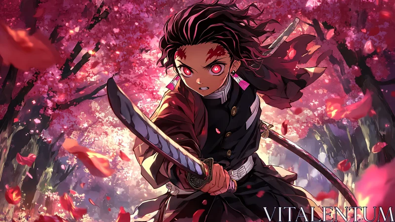 Sword-wielding warrior under dynamic pink blossom canopy.
