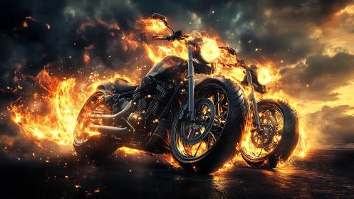 Flaming custom motorcycles roar against a stormy twilight sky