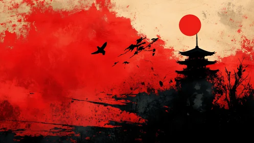 Japanese pagoda silhouette under bold red sun period.