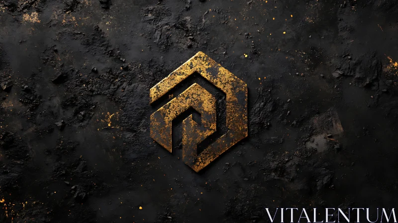 Gleaming golden hexagon symbol rests on rugged black ground