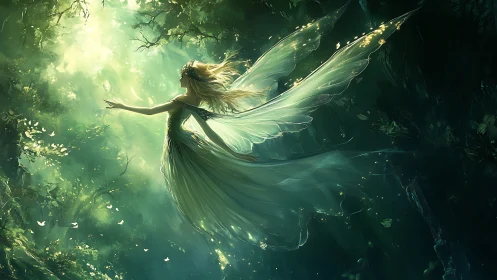 Luminescent forest fairy in radiant green volumetric light