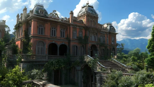 Ornate ivy-clad mansion rendered in high-detail daylight scene.
