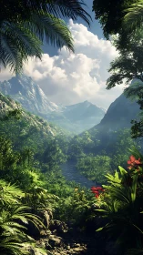 Lush tropical valley with river and distant mountains.