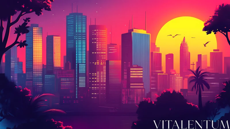 Neon skyline with tropical silhouettes at large setting sun.