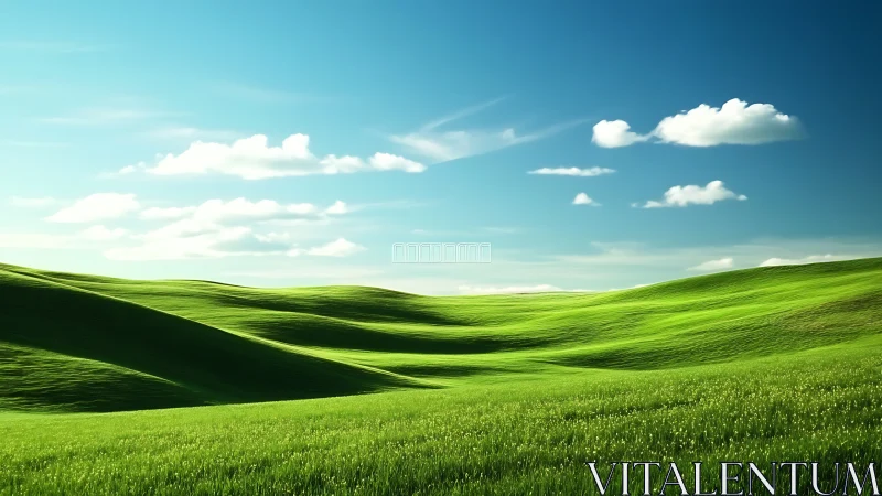 Sunlit rolling meadow under vivid clear blue sky.