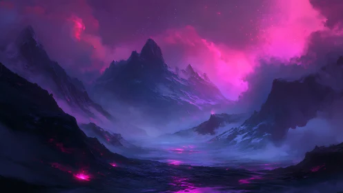 Nebula-lit mountains cradle a glowing magenta dreamscape.