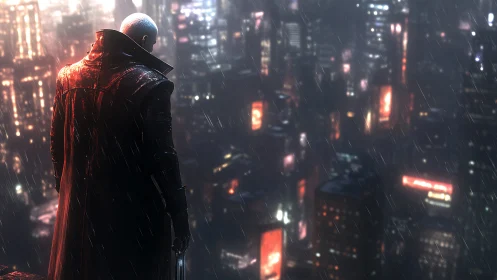 Lone chrome sentinel studies neon rain over sleepless city