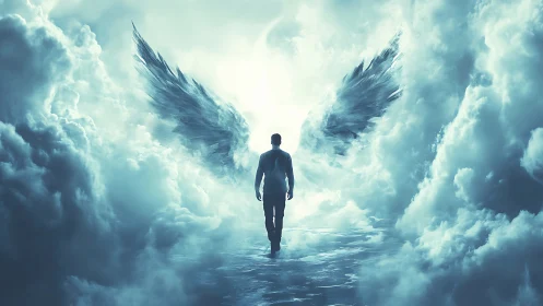 Celestial corridor with silhouetted angelic figure in misty light.