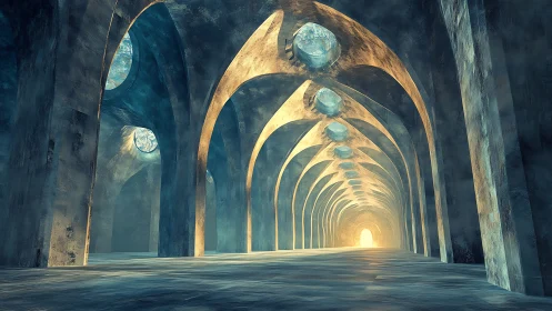 Vast luminous archway tunnel leads toward distant golden portal
