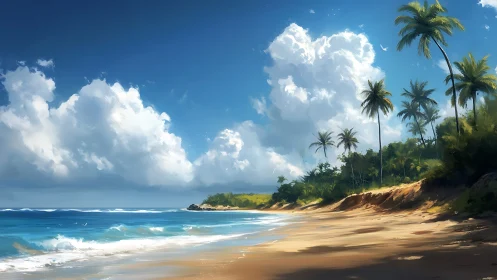 Tropical beach paradise with white clouds and palm trees.