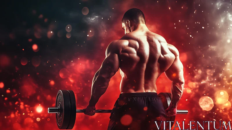 Muscular athlete lifting barbell amid fiery bokeh haze.