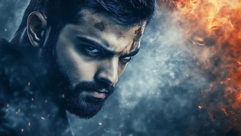 Glacial calm wrestles wildfire rage across his burning gaze