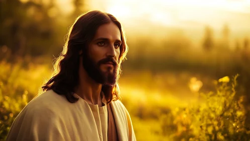 Long haired bearded man stands outdoors in warm sunset light
