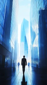 Professional walking through geometric urban corridor with skyscrapers.
