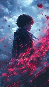 Solitary cloaked figure amid swirling red embers and clouds.