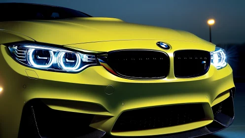 Vibrant yellow BMW front with LED headlights at night.