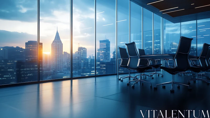 Modern Executive Conference Room with Sunrise City Skyline View.