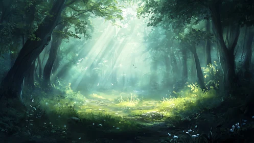 Forest clearing with radiant light penetrating dense canopy overhead