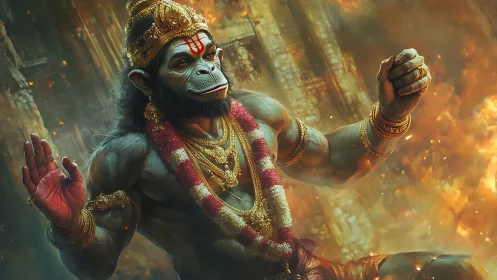 Simian-headed warrior deity in ornate golden regalia. Period.