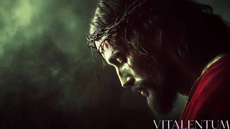 Side-lit thorn-crowned portrait in high-contrast chiaroscuro.