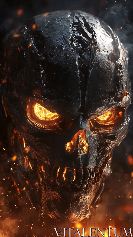 Molten fire skull emerging from glowing embers in darkness.