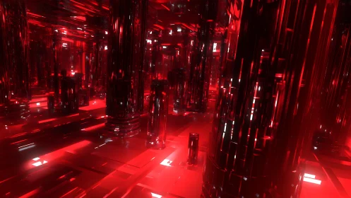 Red reflective pillars form glowing digital corridor
